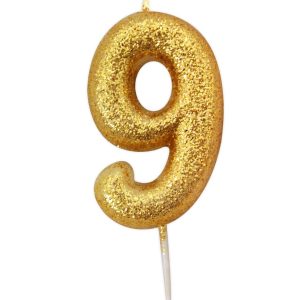 Number 9 Glitter Moulded Pick Candle Gold