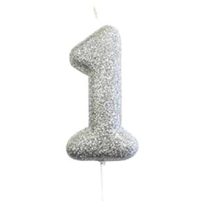 Number 1 Glitter Moulded Candle Silver
