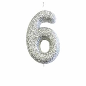 Number 6 Glitter Moulded Candle Silver
